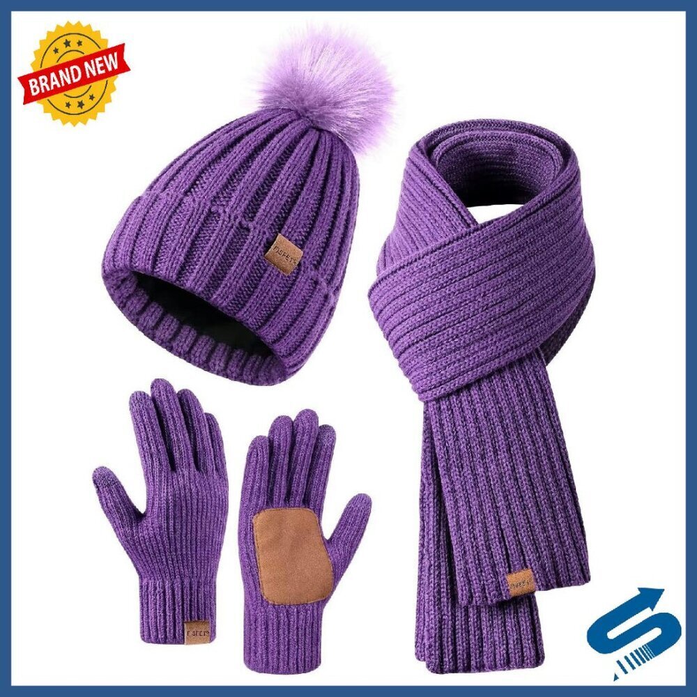 Winter Beanie Scarf Gloves Set Touchscreen Pom Pom 3-in-1
